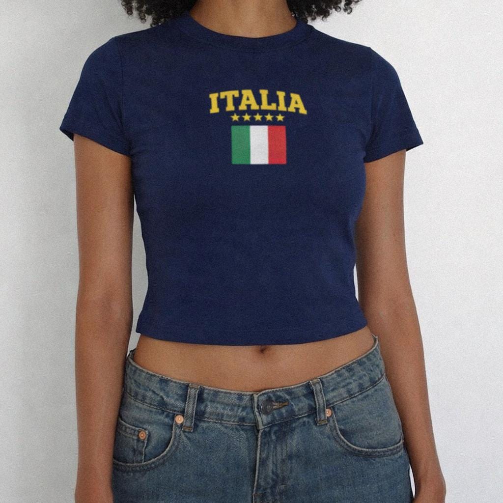 Italia baby tee crop top in navy with “ITALIA” and Italian flag graphic