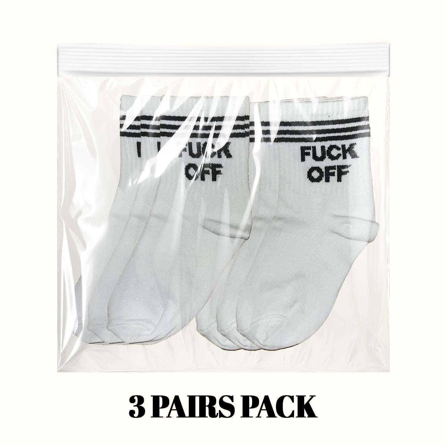 White crew socks in clear pack, black stripe cuffs with 'FUCK OFF' print