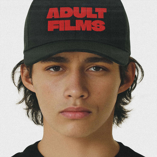 Black baseball cap with red ADULT FILMS front print