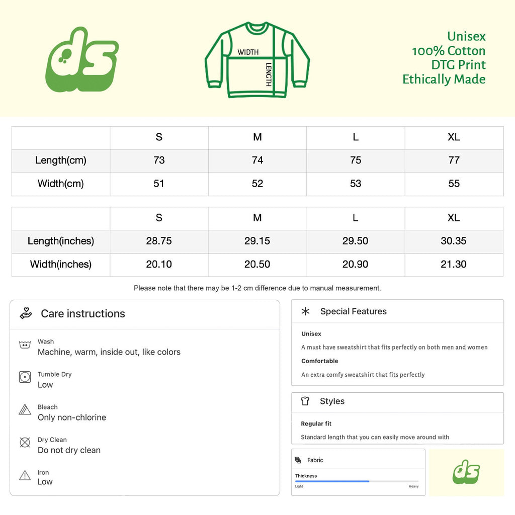 Size chart and care instructions for unisex cotton sweatshirt (S–XL)