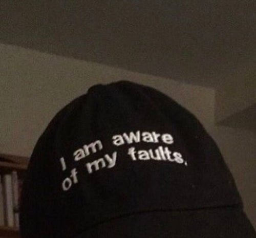 Schwarze Cap, Text „I am aware of my faults“