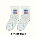 White crew socks with France flag logo, 3-pack