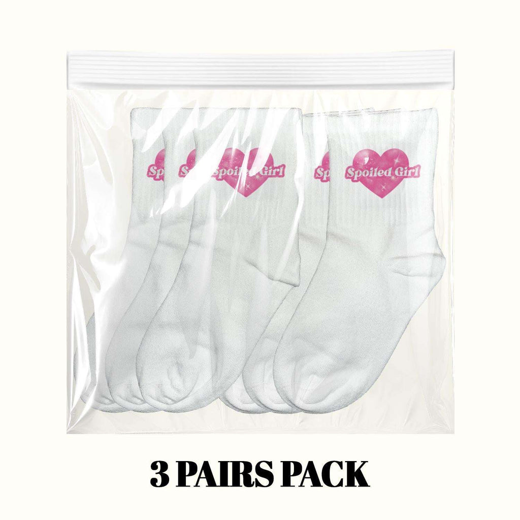 3-pack of white socks in clear bag, pink heart 'Spoiled Girl' logo