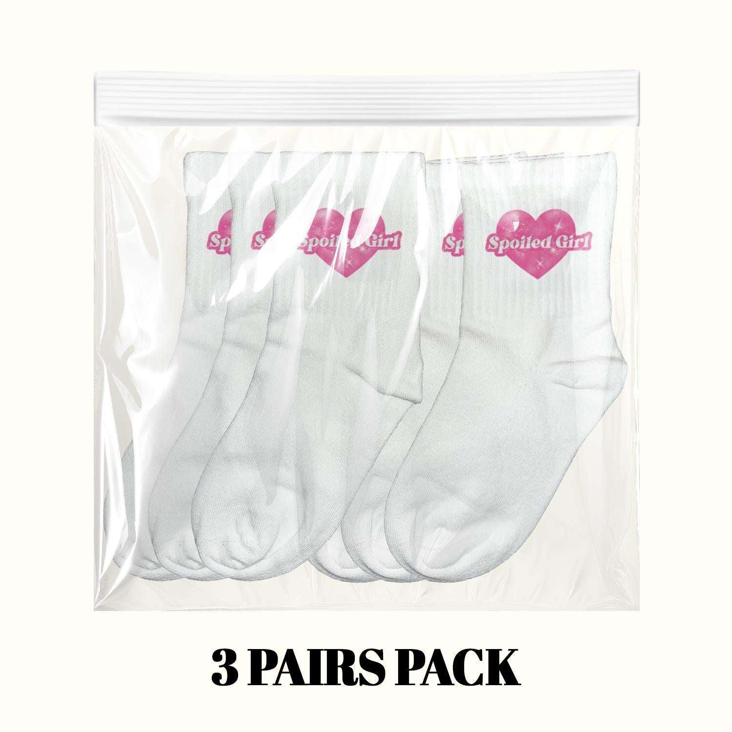 3-pack of white socks in clear bag, pink heart 'Spoiled Girl' logo