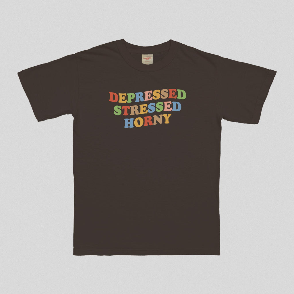 Dunkelbraunes T-Shirt mit farbigem Schriftzug „DEPRESSED STRESSED HORNY“