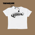 Custom white baby t-shirt with 'YOUR WORK HERE' label and example graphic on chest
