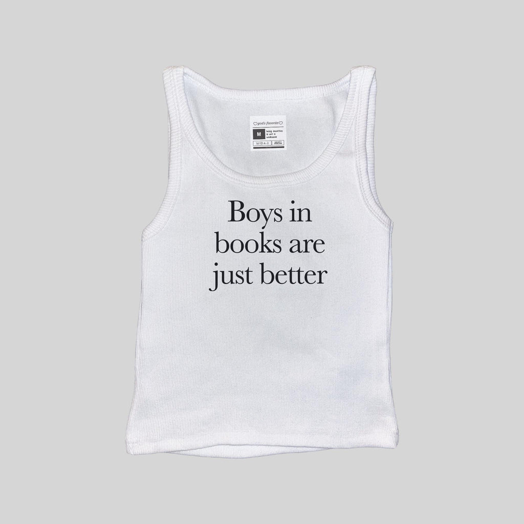 White boys ribbed muscle tank top, front view, 'Boys in books are just better' text