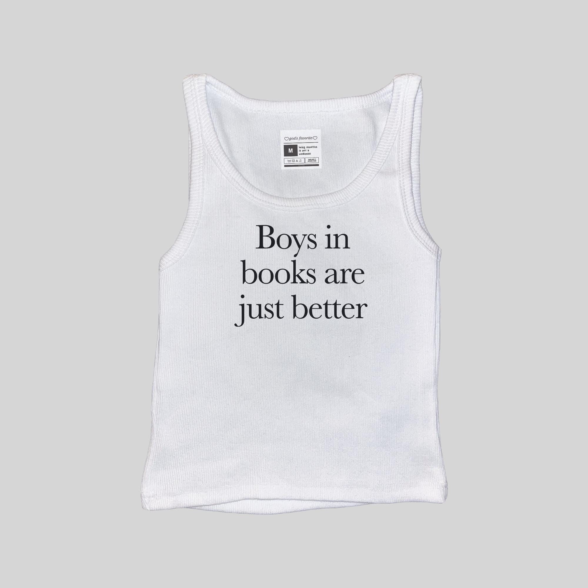 White boys ribbed muscle tank top, front view, 'Boys in books are just better' text