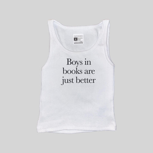 White boys ribbed muscle tank top, front view, 'Boys in books are just better' text
