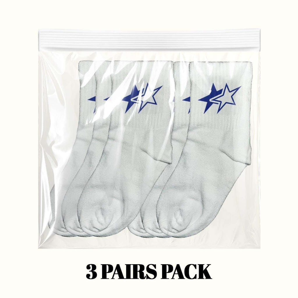 White crew socks in clear bag with blue lightning star graphic, 3-pair pack