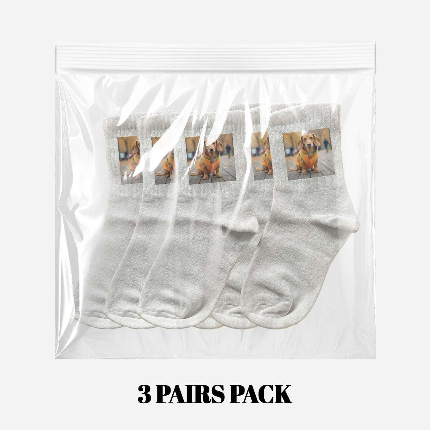 3-pack custom photo socks set in plastic bag with multiple square dog images