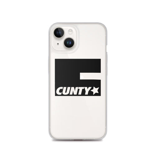 White iPhone case with black "CUNTY" logo and rear camera cutouts