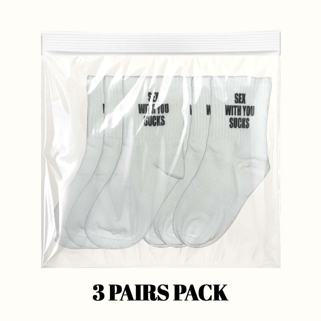 3-pack crew socks in white with black 'WITH YOU SUCKS' text