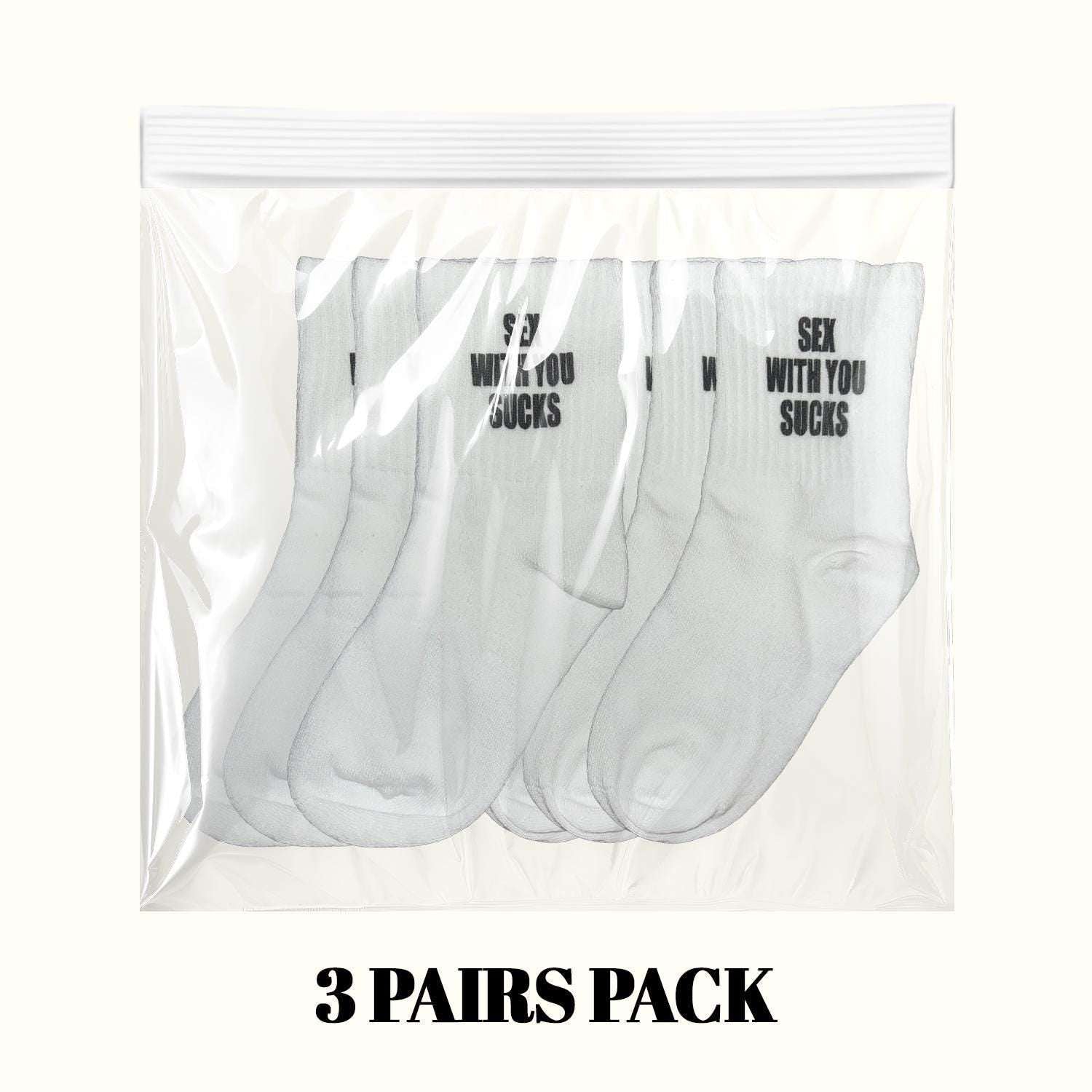3-pack crew socks in white with black 'WITH YOU SUCKS' text