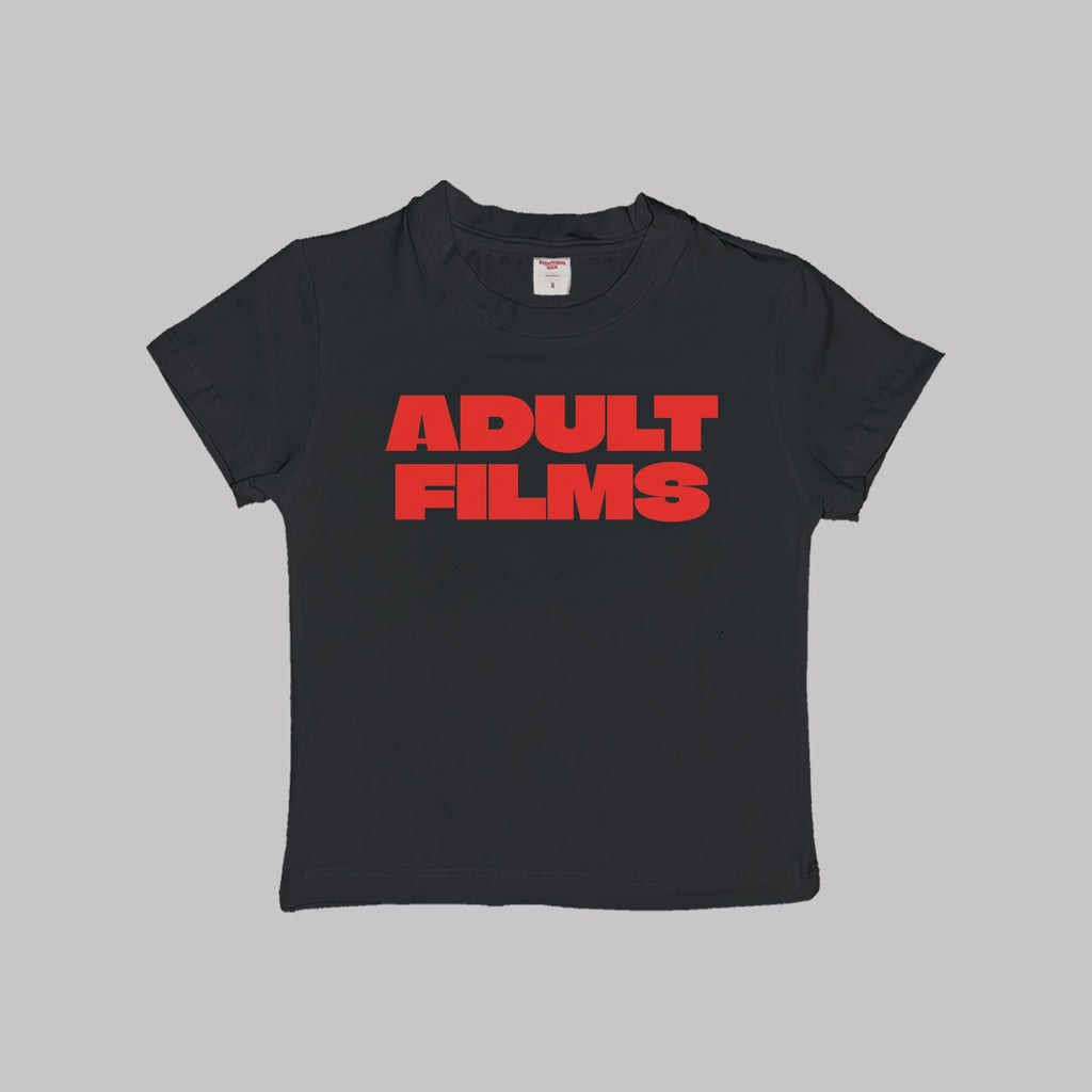 Black baby tee crop top with red “ADULT FILMS” graphic