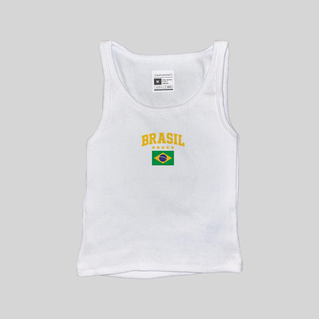 Ribbed white muscle tank with BRASIL text and Brazil flag graphic on the chest