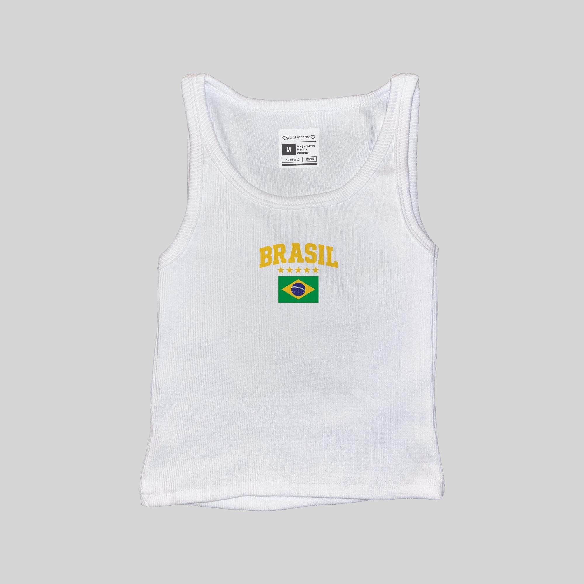 Ribbed white muscle tank with BRASIL text and Brazil flag graphic on the chest