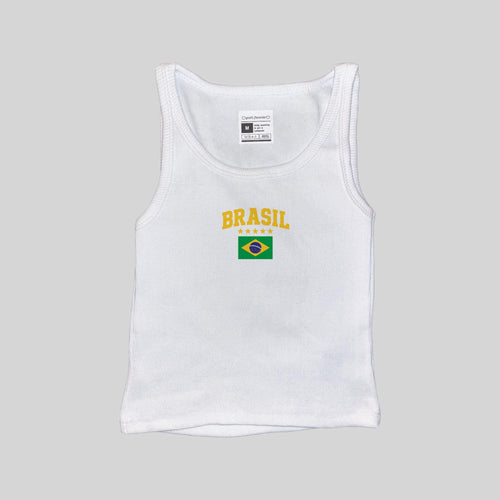 Ribbed white muscle tank with BRASIL text and Brazil flag graphic on the chest