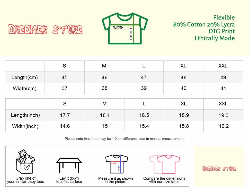 Baby tee size chart with measurements in cm and in, plus fit instructions