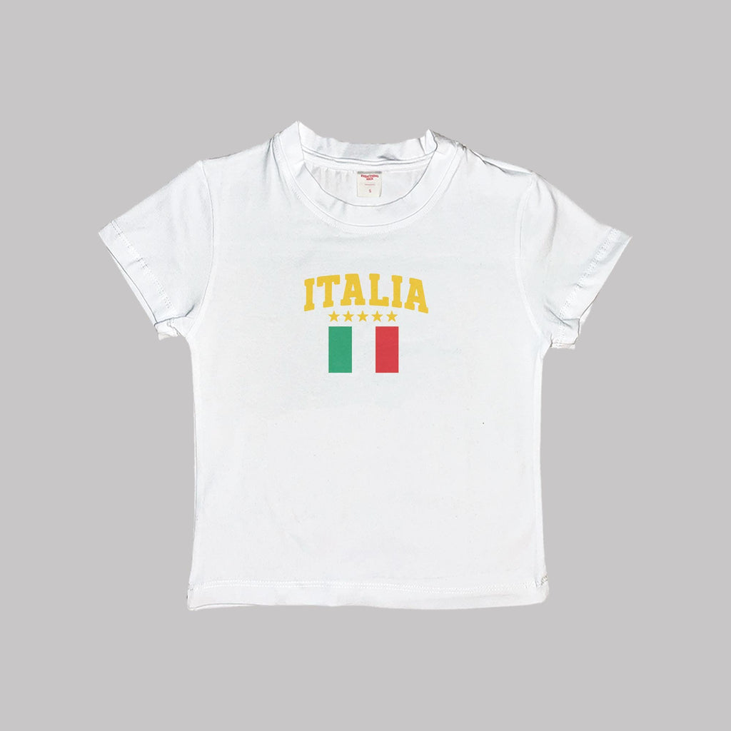 White crop baby T-shirt with “ITALIA” text and Italian flag graphic on chest