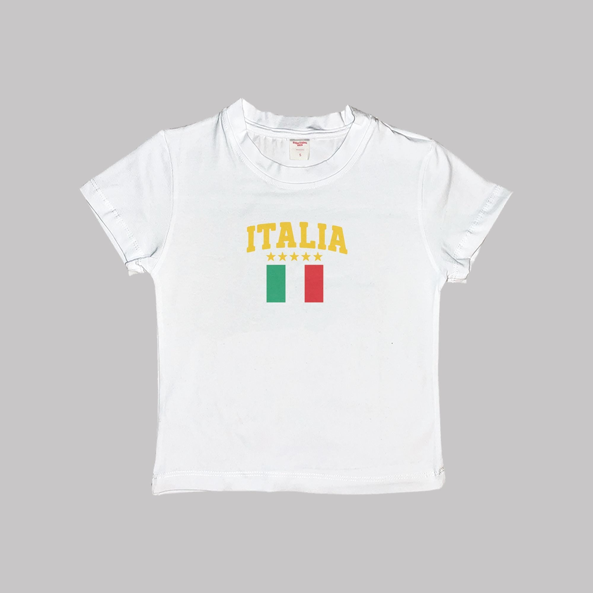 White crop baby T-shirt with “ITALIA” text and Italian flag graphic on chest