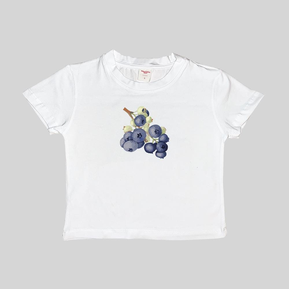 Dreamer Store white baby crop top tee with grape graphic; short sleeves, crew neck