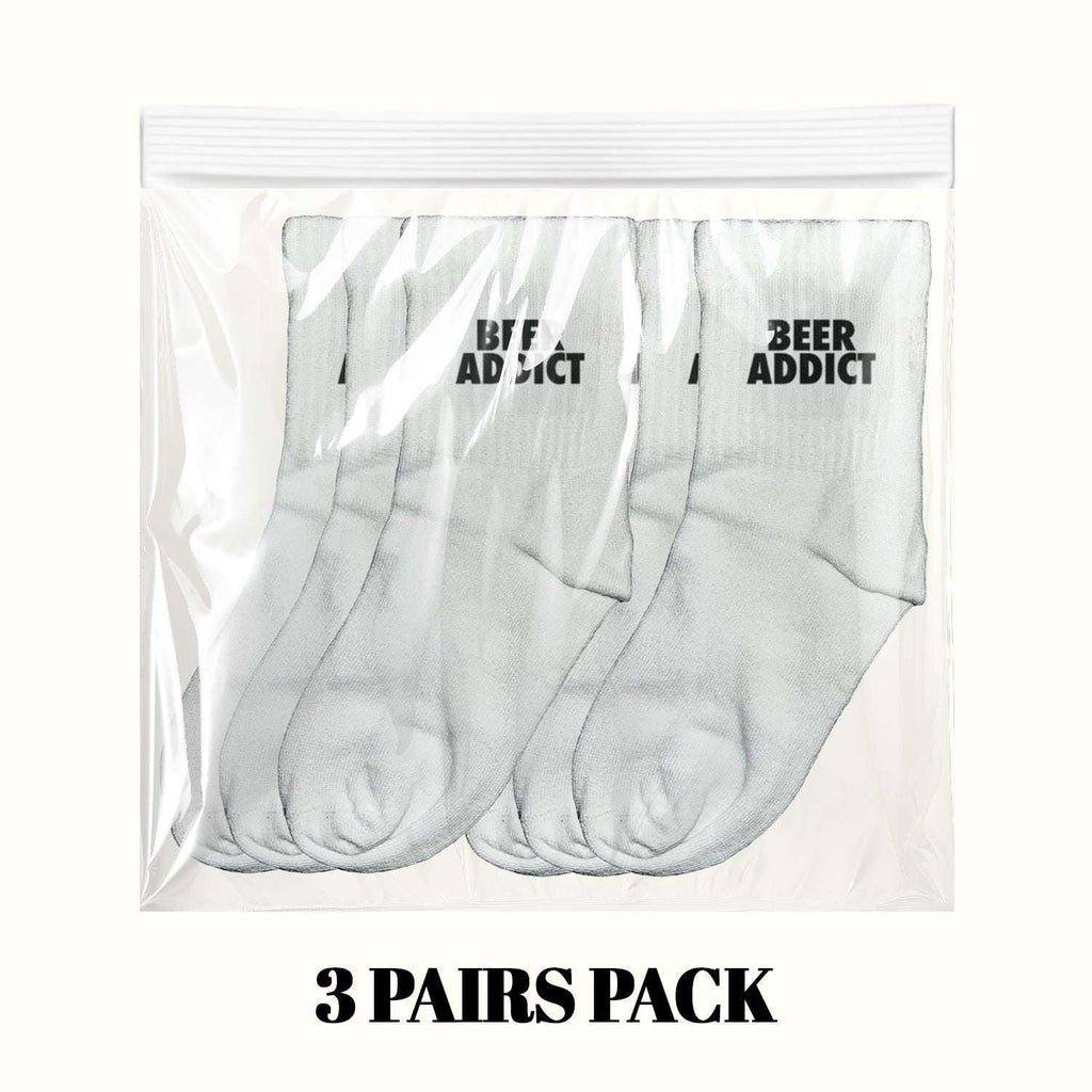 3-pack of white crew socks in clear wrap, 'BEER ADDICT' printed on cuffs