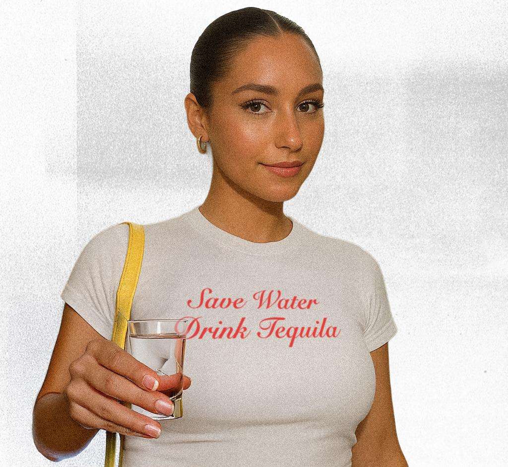White baby tee crop top with red 'Save Water Drink Tequila' front print