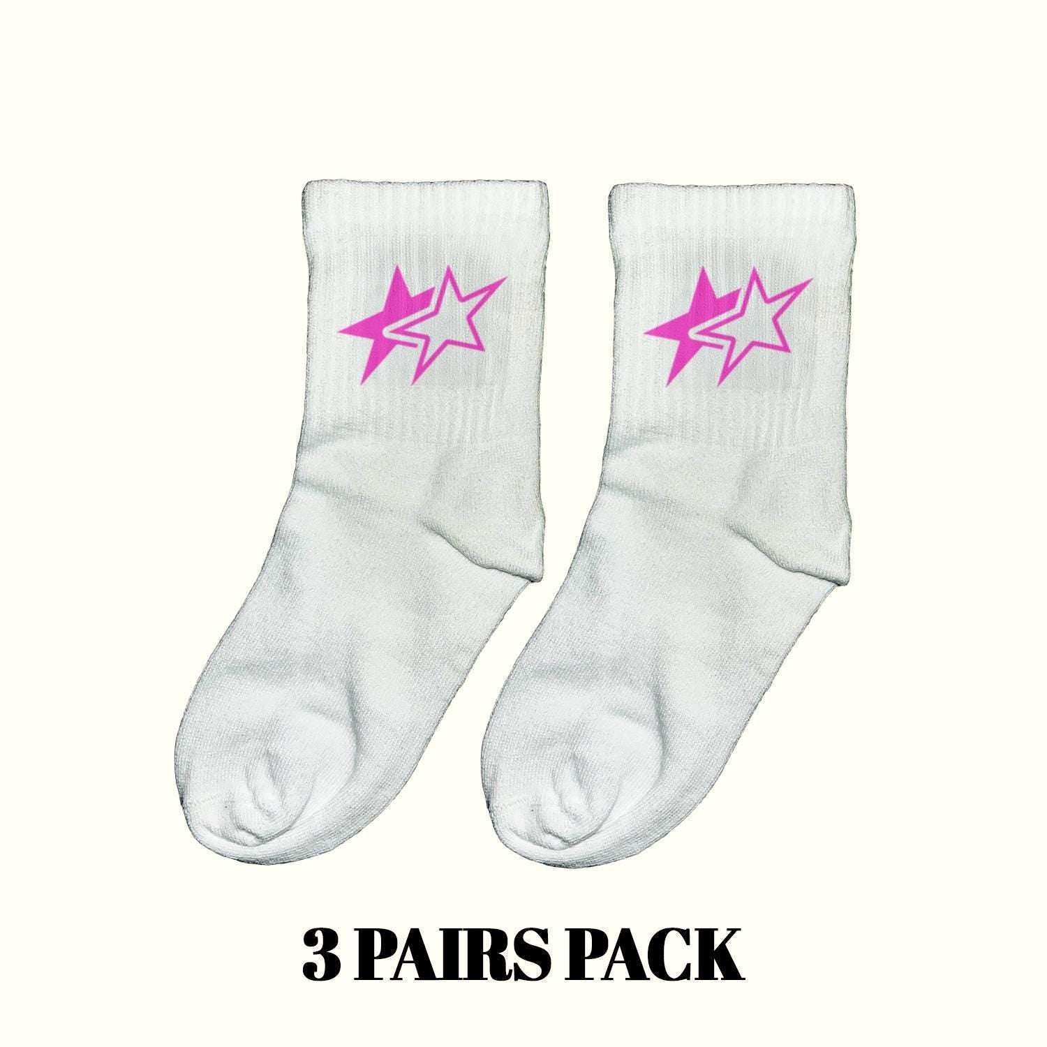 White crew socks with pink lightning star graphic, 3-pair pack