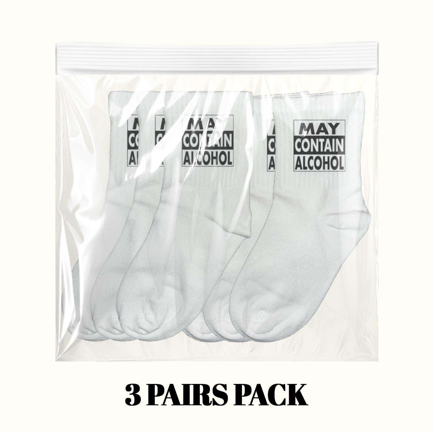 White crew socks 3-pack with “MAY CONTAIN ALCOHOL” text on cuffs