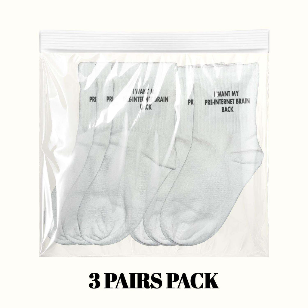 3-pair crew sock pack in gray/white with 'Pre-Internet Brain Back' text