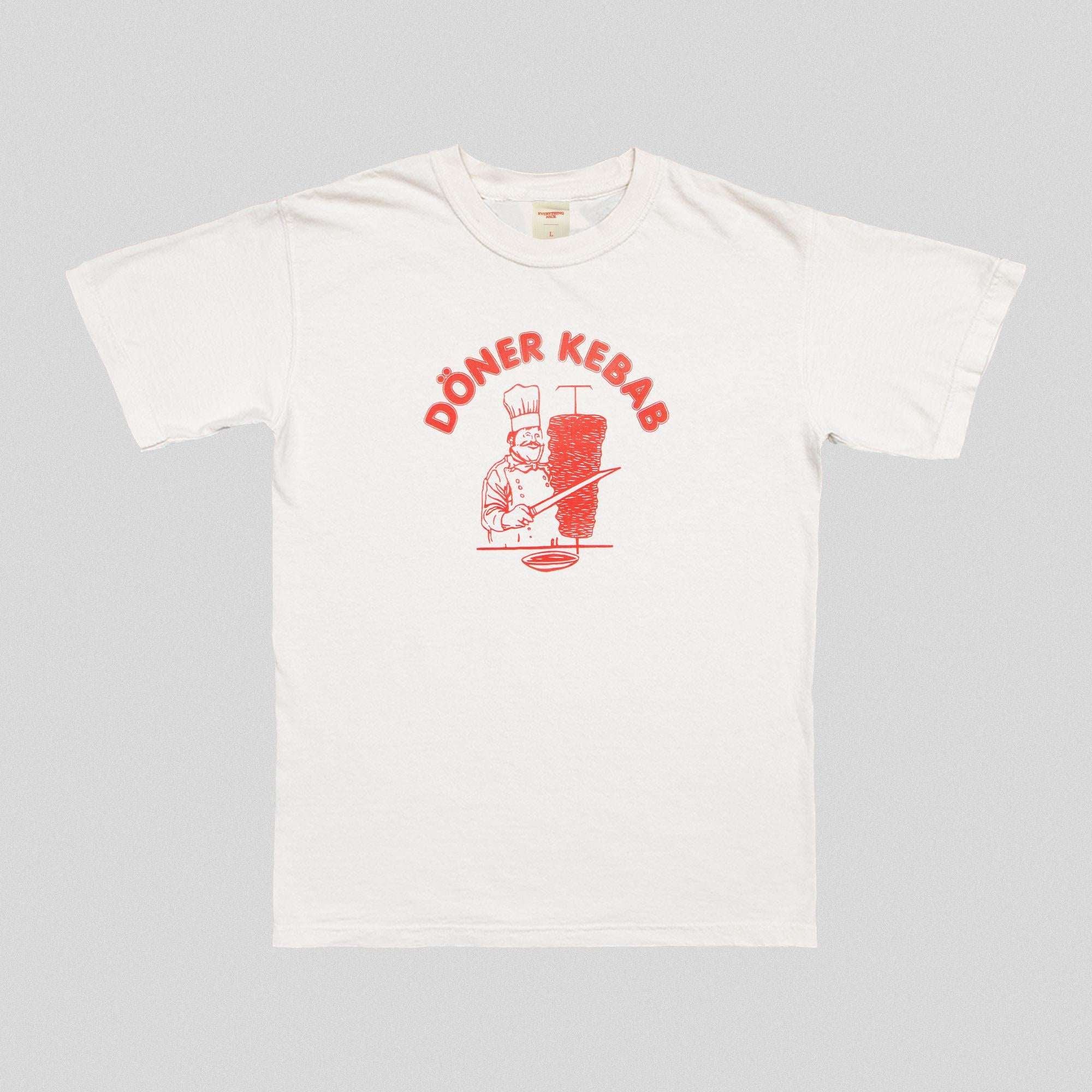 White unisex T-shirt with red Döner Kebab graphic print on front
