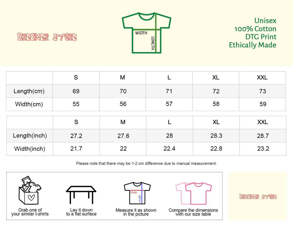 Unisex graphic bleeding T-shirt size chart with width and length measurements diagram