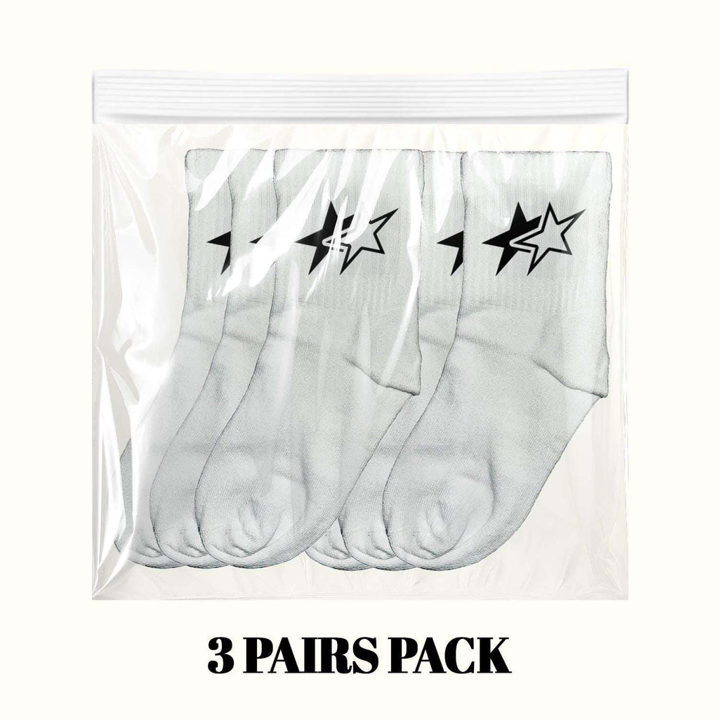 White crew socks in clear bag with black lightning star graphic, 3-pair pack