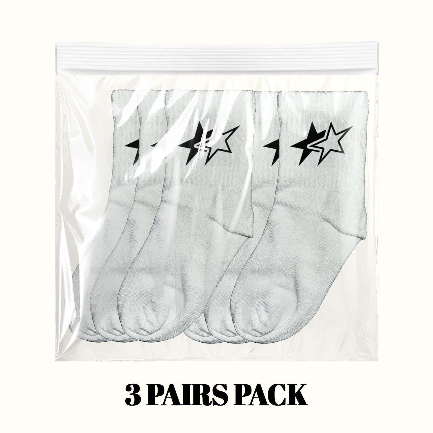 White crew socks in clear bag with black lightning star graphic, 3-pair pack