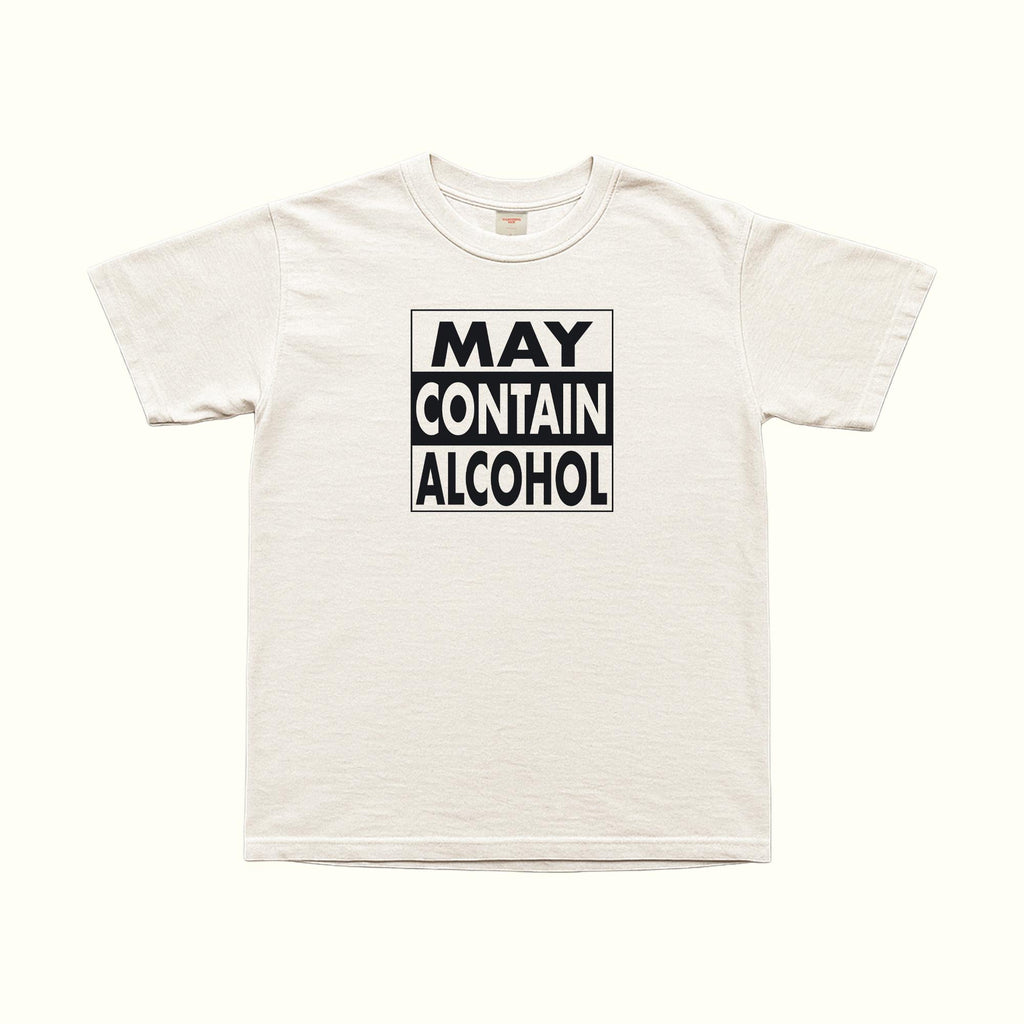 May Contain Alcohol T-Shirt in white, front graphic: “MAY CONTAIN ALCOHOL” in a box