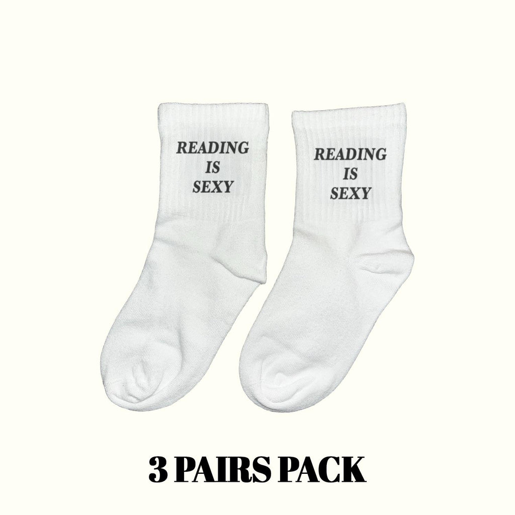 White socks: "READING IS SEXY" text, 3-pack