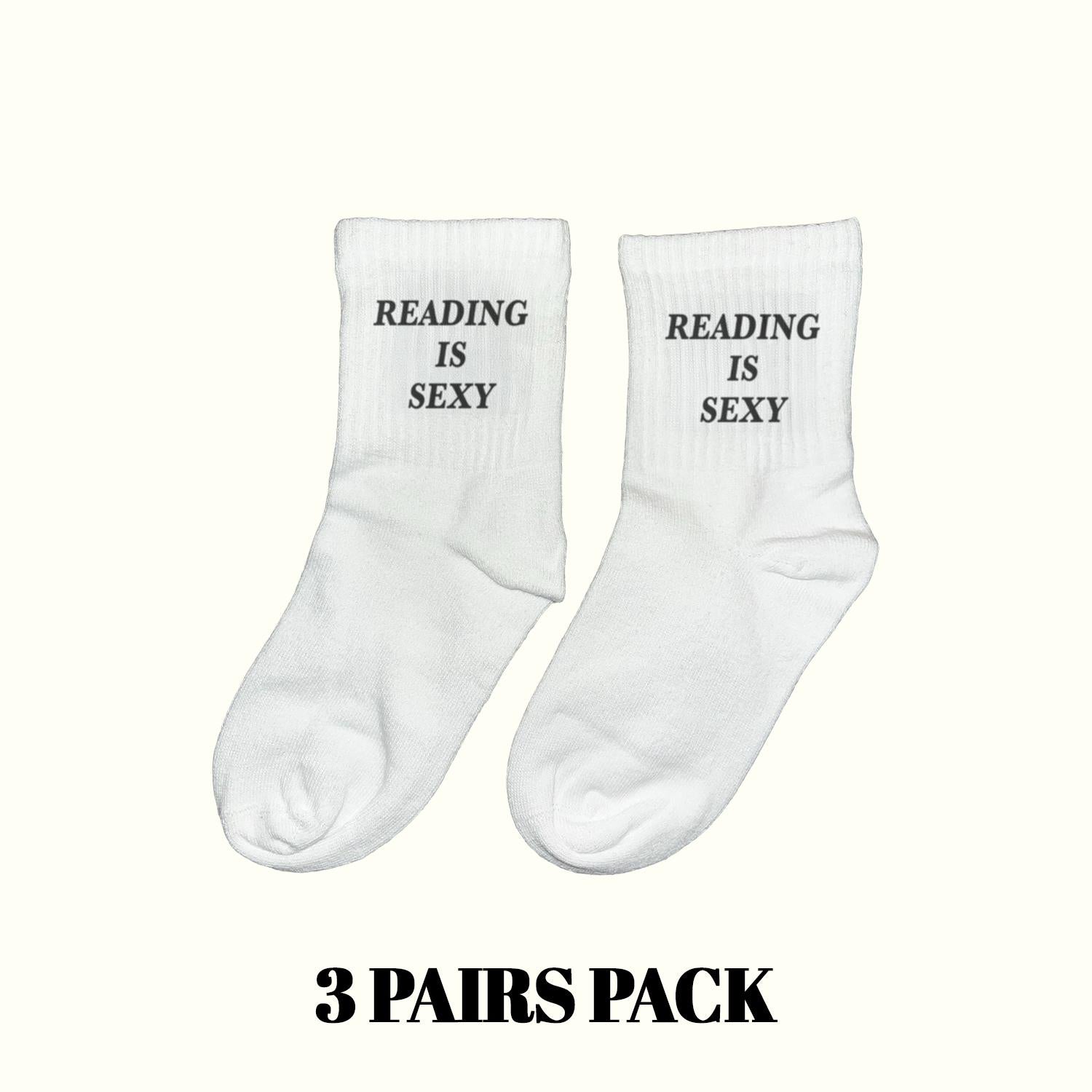 White socks: "READING IS SEXY" text, 3-pack