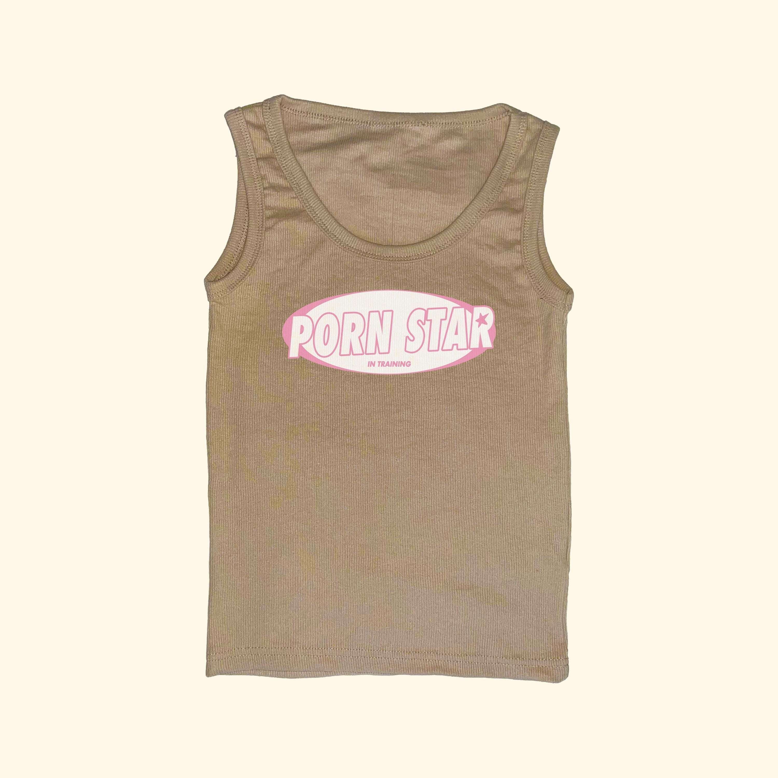 Tan ribbed tank top with crew neck and sleeveless fit, front graphic print.