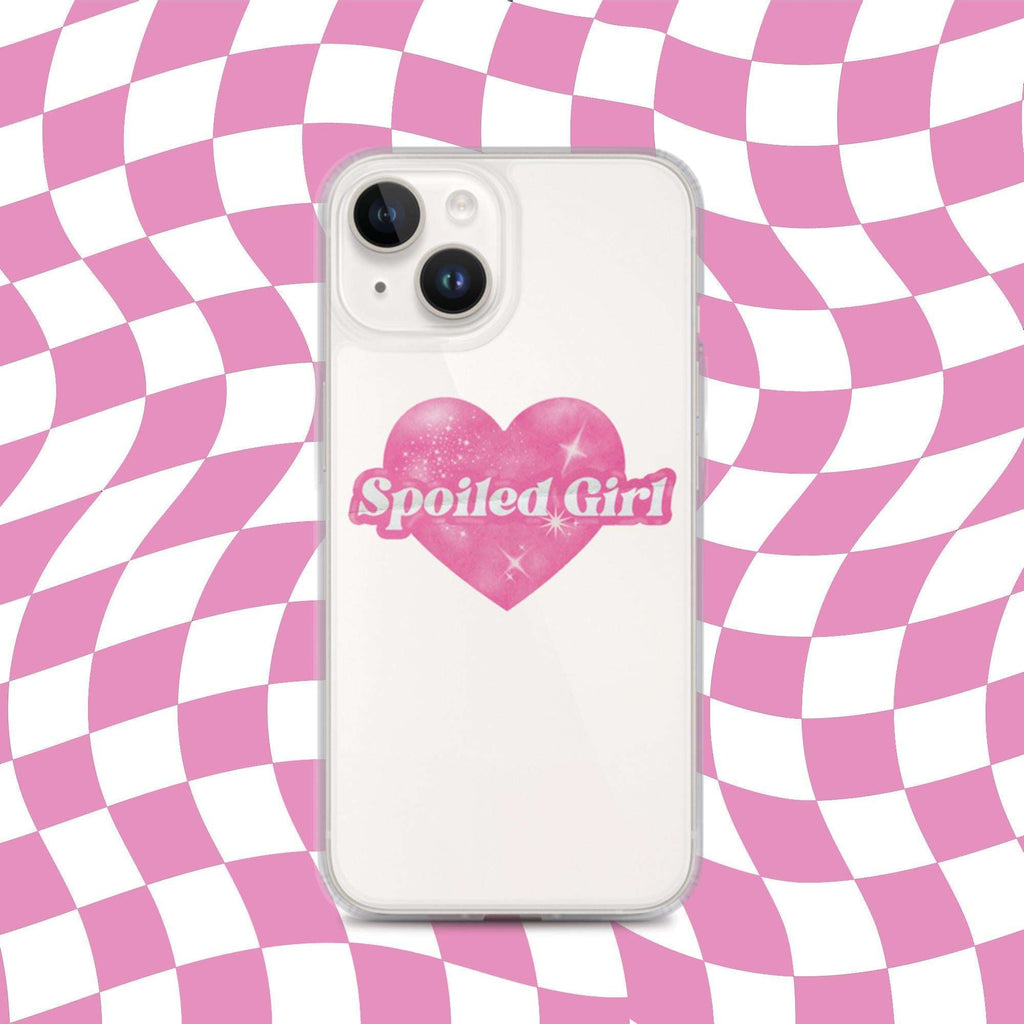 White iPhone case with pink heart graphic and 'Spoiled Girl' text, camera cutouts