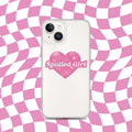 White iPhone case with pink heart graphic and 'Spoiled Girl' text, camera cutouts