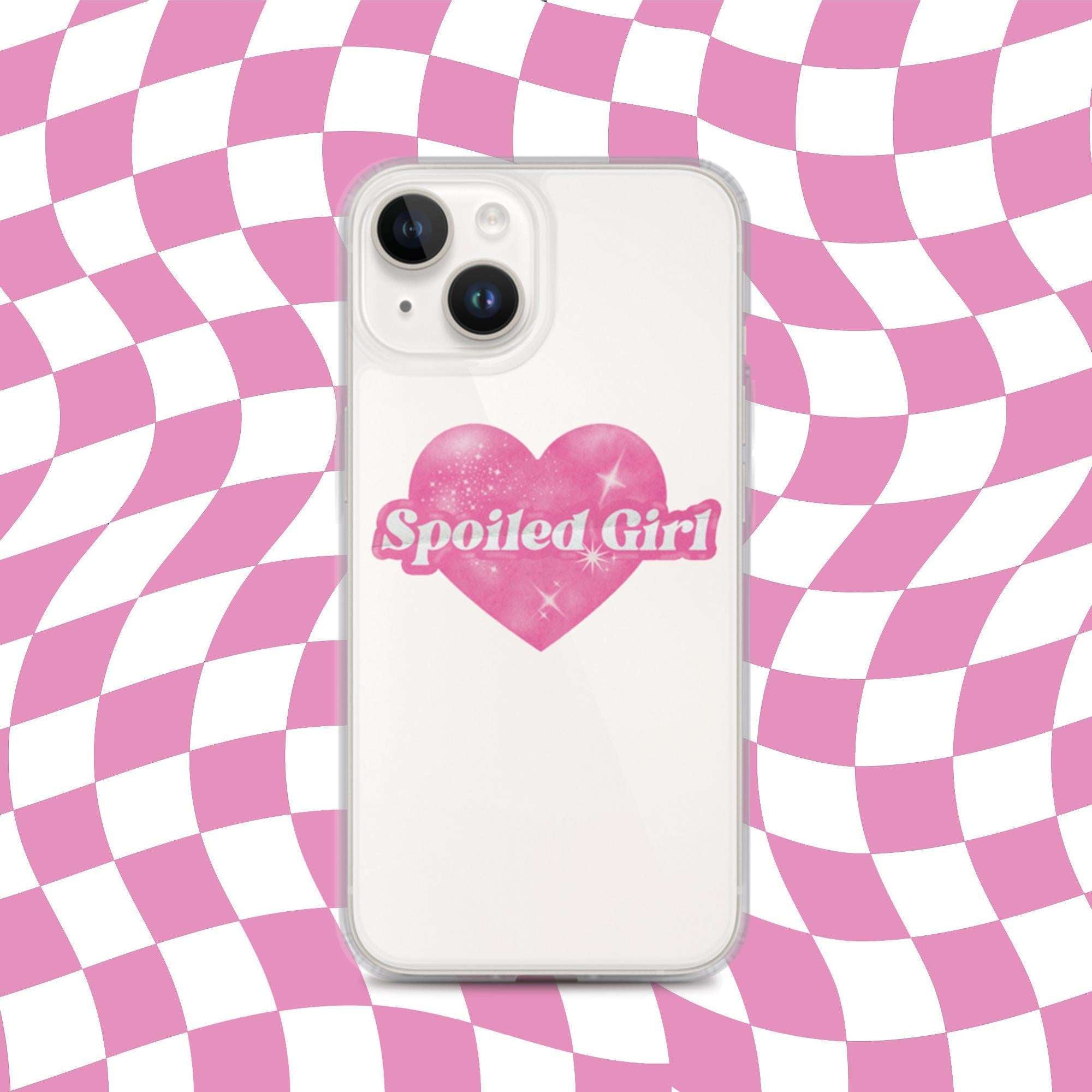 White iPhone case with pink heart graphic and 'Spoiled Girl' text, camera cutouts