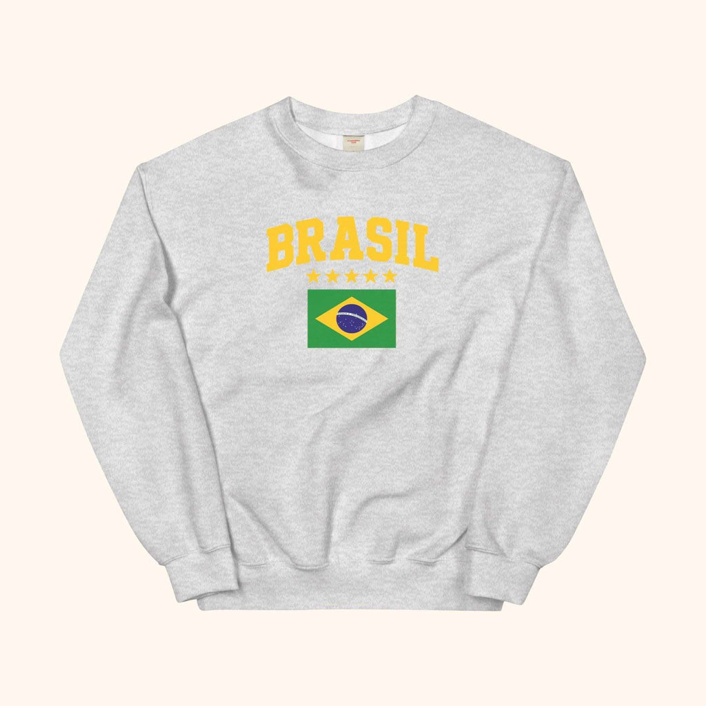Gray Brasil sweatshirt with crew neck and yellow 'BRASIL' logo print