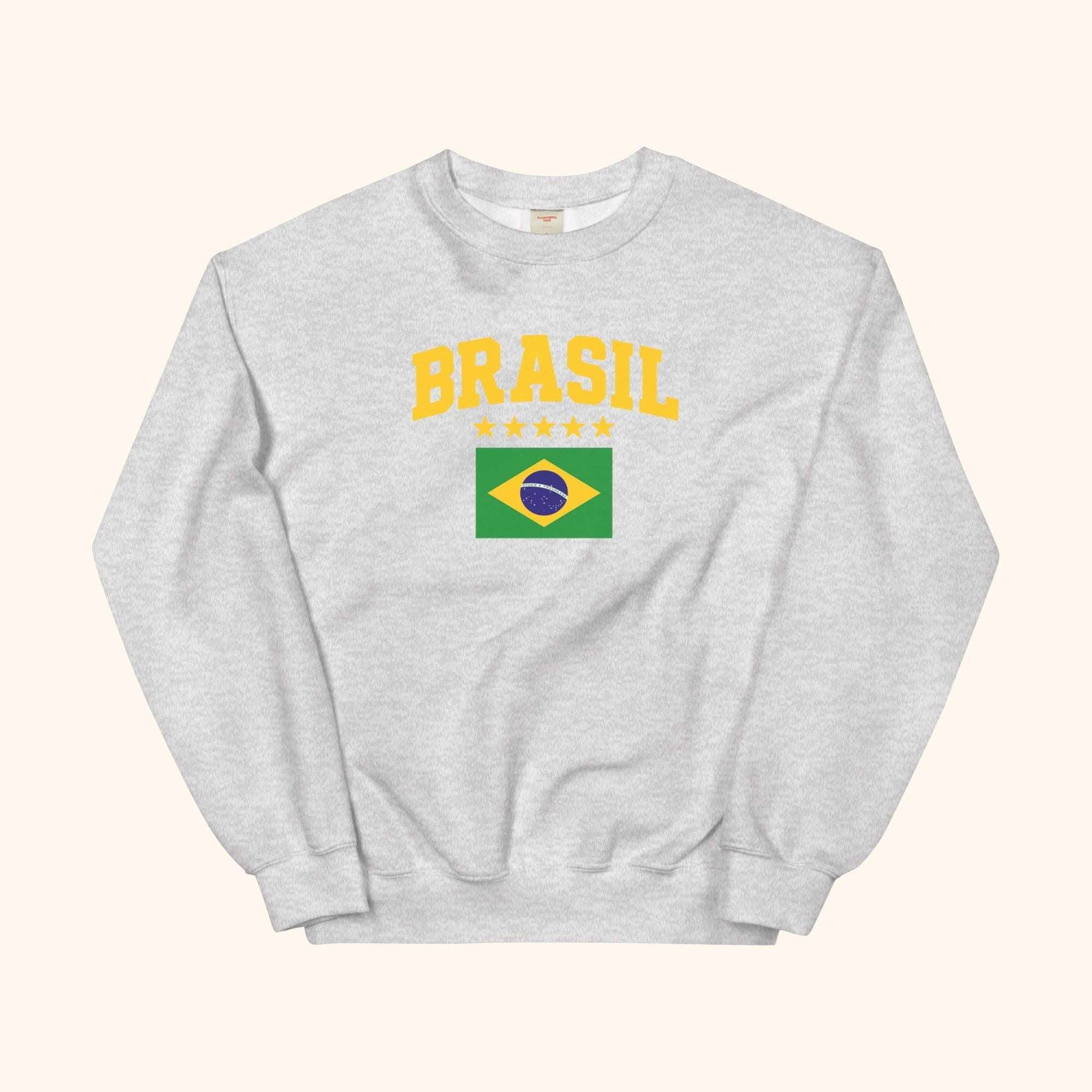 Gray Brasil sweatshirt with crew neck and yellow 'BRASIL' logo print