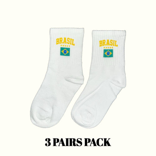 Brasil 3 pairs pack: white crew socks with BRASIL logo and flag