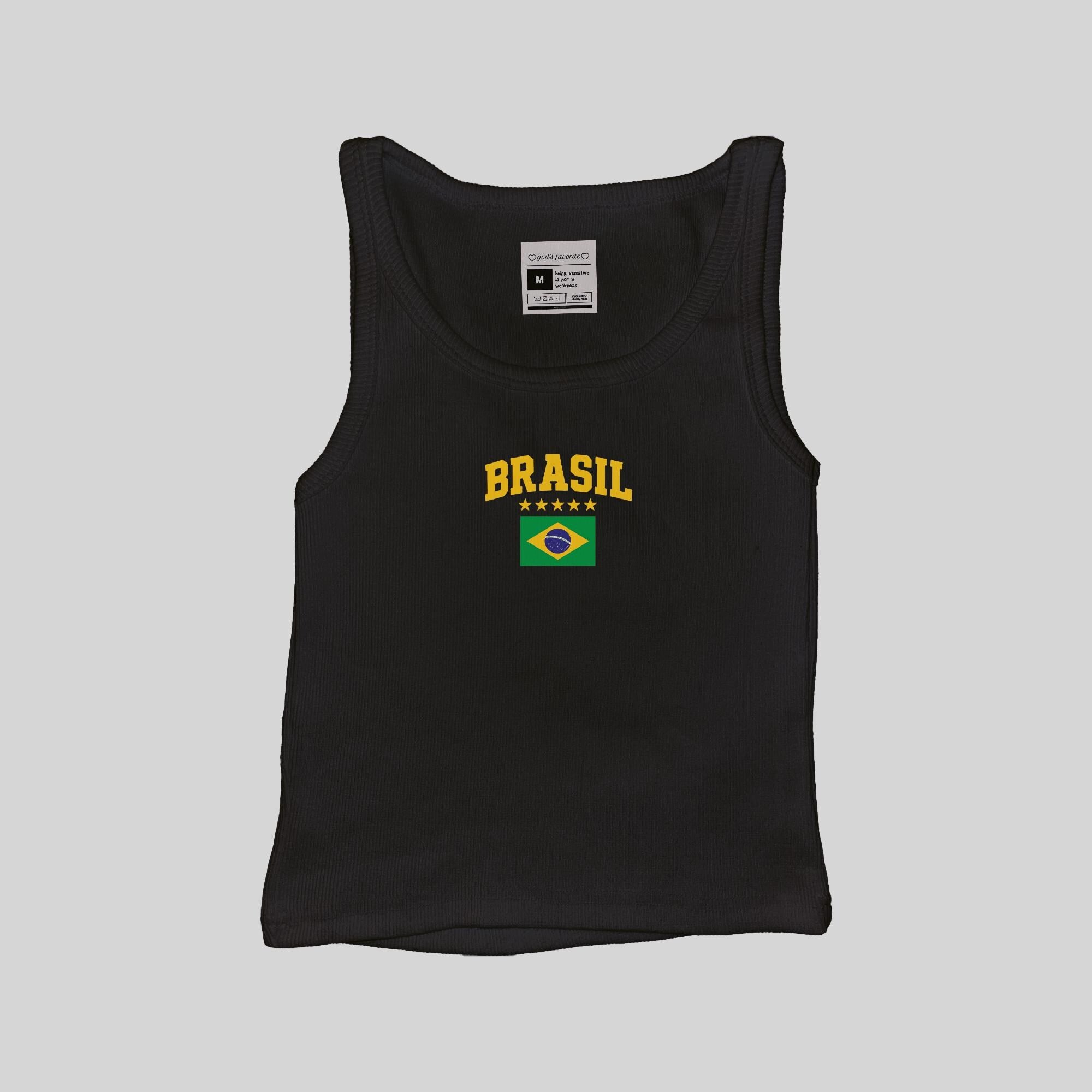 Ribbed black muscle tank with BRASIL text and Brazil flag graphic on the chest