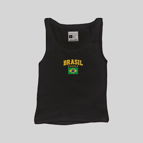 Ribbed black muscle tank with BRASIL text and Brazil flag graphic on the chest