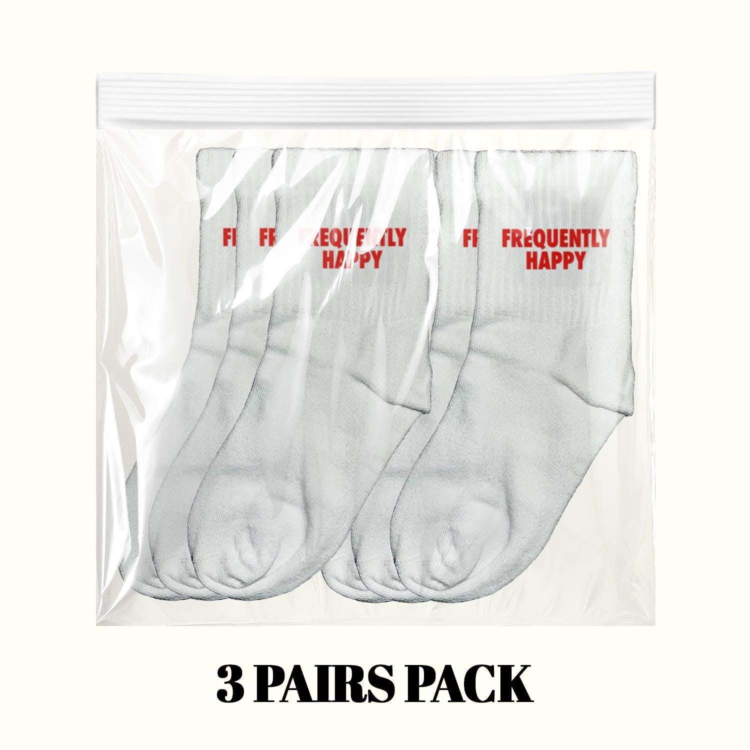 3-pack crew socks in clear plastic bag, light socks with red Frequently Happy logo