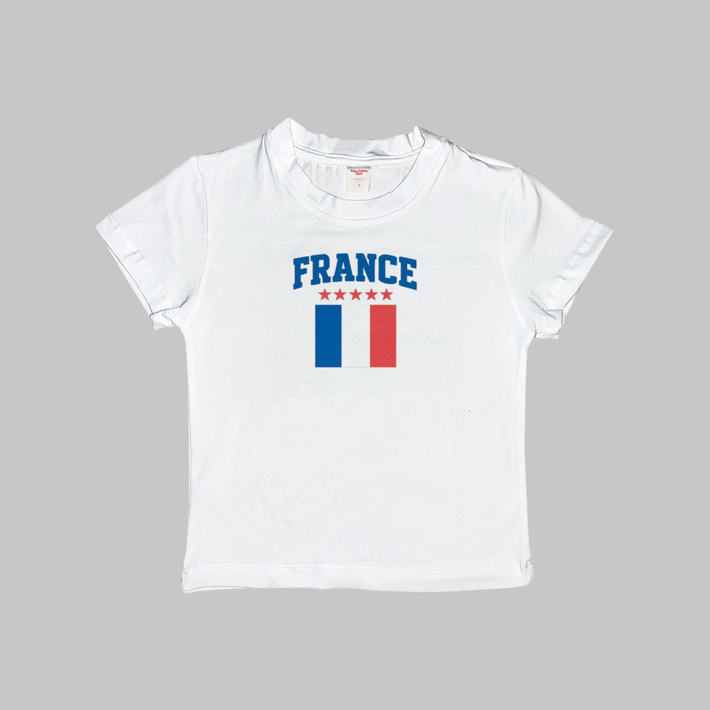 France baby tee crop top, white cotton T-shirt with France text and flag graphic