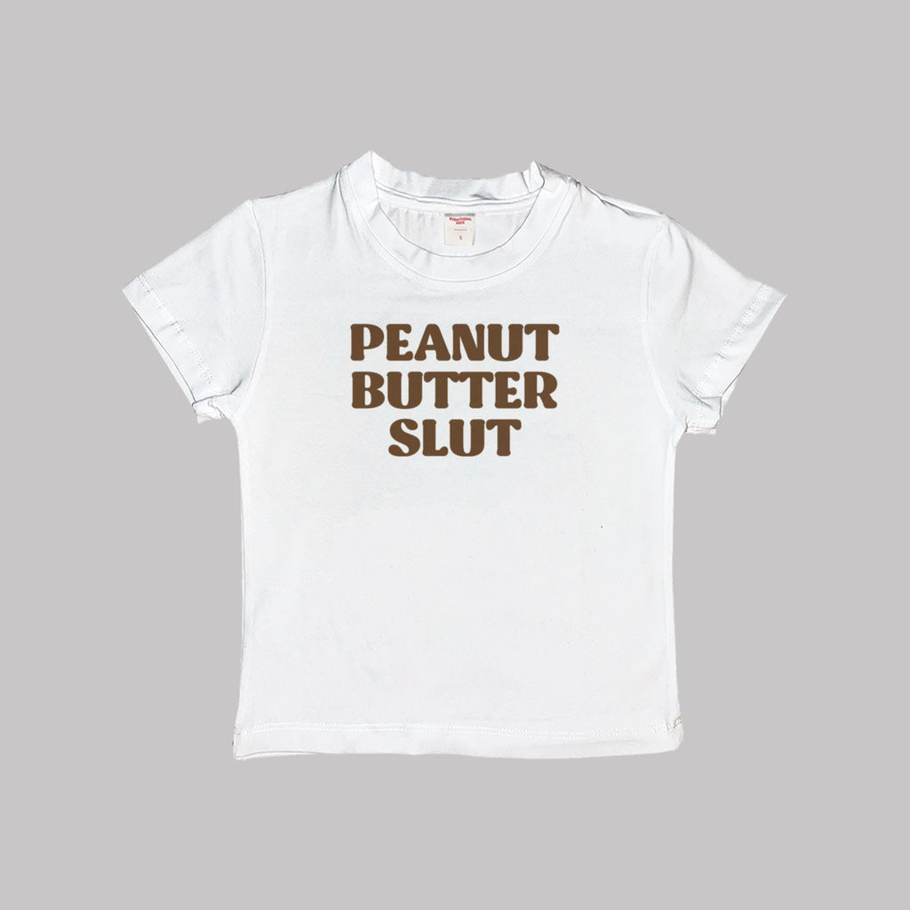 White baby tee crop top with “PEANUT BUTTER SLUT” front graphic